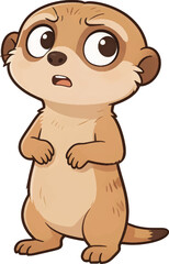 Fototapeta premium Cute cartoon meerkat sticker with a curious and slightly confused expression, isolated on a white background. Adorable desert animal character illustration for kids' stationery, stickers, and nursery 
