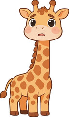 Fototapeta premium Cute cartoon giraffe sticker with a confused expression, isolated on a white background. Adorable baby giraffe character illustration for children's decor and stationery.