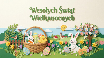 Kartka Wielkanocna wykonana techniką wielkowarstwowego papieru. Wycinanki przedstawiają symbole Wielkanocne.