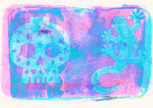 Abstract Monoprint with gecko and skull Gel Plate Illustration with Organic Textures and Layered Acrylics A unique, hand-printed monoprint created using a gel plate and brayer. 