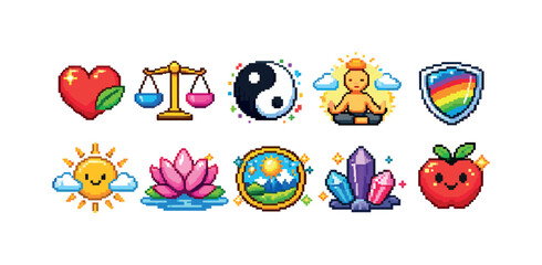 Obraz premium Health and wellness pixel icon set. meditation, balance, healing pixelated collection