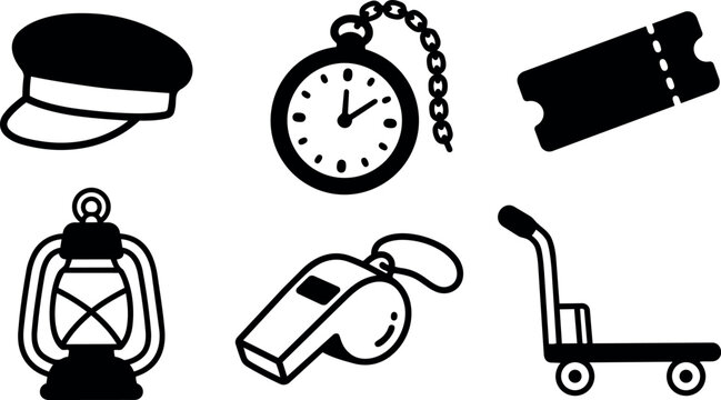 Flat design vintage icon set showing captain hat pocket watch ticket lantern whistle and hand truck in simple black silhouettes