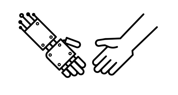 Human hand and robotic arm reaching out for collaboration and AI partnership
