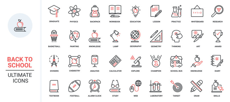Red black thin line icons set for school, college and university education. Laboratory equipment for training chemistry and physics, library books for students. Vector illustration.