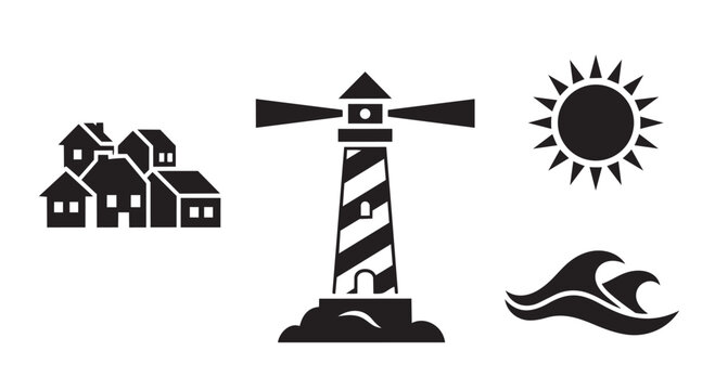 Coastal landscape vector illustration set with lighthouse, sun, houses, and wave graphic design elements