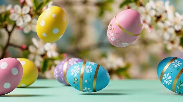 Colorful Easter day eggs floating amidst blooming flowers in a serene outdoor setting captured in a gentle video 0309(32).mp4