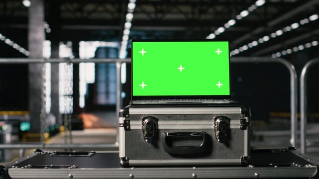 Chroma key laptop in empty machinery hall used for heavy industry plant. Steel work and heavy equipment dominate the industrial environment, production and engineering infrastructure.