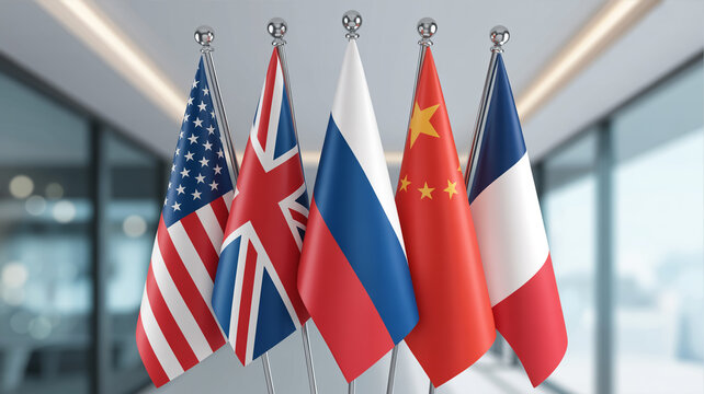 A row of international flags representing the permanent members of the United Nations Security Council.