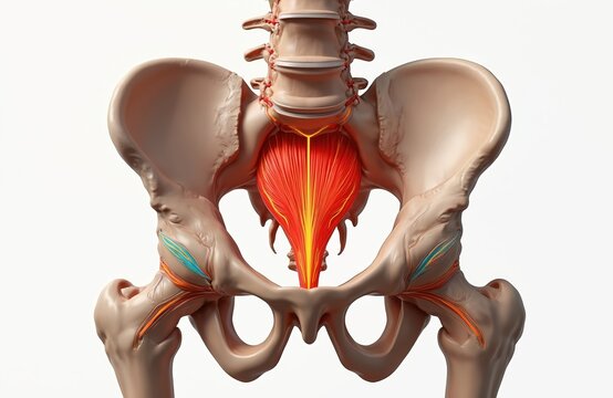 Pelvic floor anatomy illustration displays levator ani muscle group and pubococcygeus. Shows internal structures and connective tissues. Focuses on musculature for health and medical education.