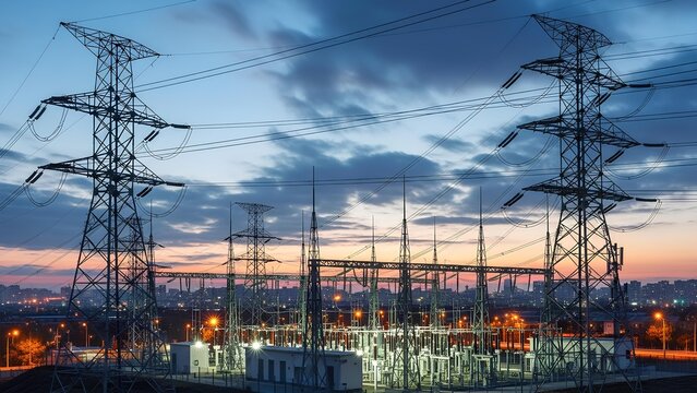 High Voltage Power Lines and Electrical Substation at Dusk 1.