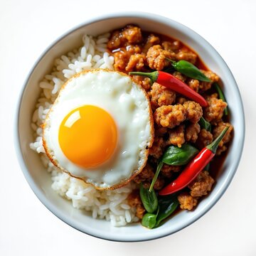 Thai pad kra pao with rice topped by a crispy fried egg. Savory minced meat stir fry with basil and chili peppers. A delicious and popular Southeast Asian meal.