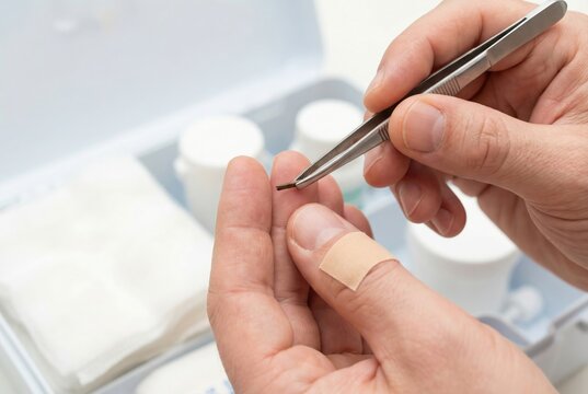 Close up of a person using metal tweezers to carefully remove a splinter from a finger