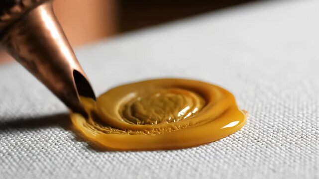 Macro shot of thick yellow paint being squeezed from a metal nozzle onto a white textured canvas forming a spiral pattern