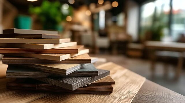 Assortment of wood flooring samples, defocused diverse textures and shades showcasing, home interior design, hardwood selection, with copy space