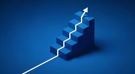 Obraz premium Abstract blue staircase with white arrow showing upward progress and growth