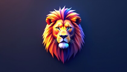 Fototapeta premium Stylized lion head portrait with vibrant rainbow mane. Geometric low poly art style. Majestic animal face graphic. Fierce gaze, sharp lines, modern digital art.