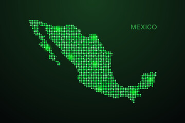 Fototapeta premium Mexico Map - Digital dotted map with glowing green points on dark background, modern technology style, abstract data network design, clean minimal geometric vector illustration.