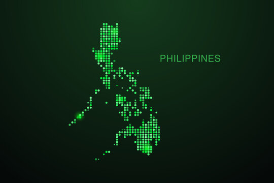 Philippines Map - Digital dotted map with glowing green points on dark background, modern technology style, abstract data network design, clean minimal geometric vector illustration.