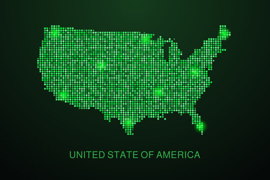 United State of America Map - Digital dotted map with glowing green points on dark background, modern technology style, abstract data network design, clean minimal geometric vector illustration.