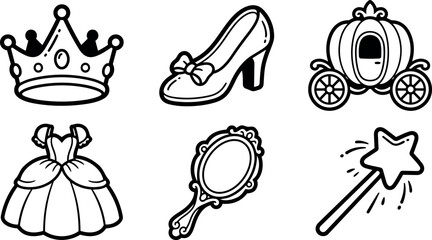 Fototapeta premium Line art princess icon set close up crown slipper pumpkin carriage gown hand mirror wand simple black outline decorative collection