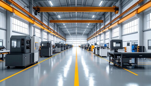 Bright industrial factory interior with machinery and overhead crane system.