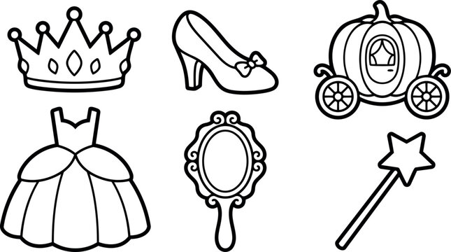 Line art close up princess icon set crown shoe pumpkin carriage ball gown hand mirror magic wand black outline vector isolated