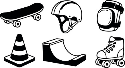 Naklejka premium Line art skatepark icon set showing skateboard, helmet, knee pad, traffic cone, mini ramp and roller skate, bold black strokes