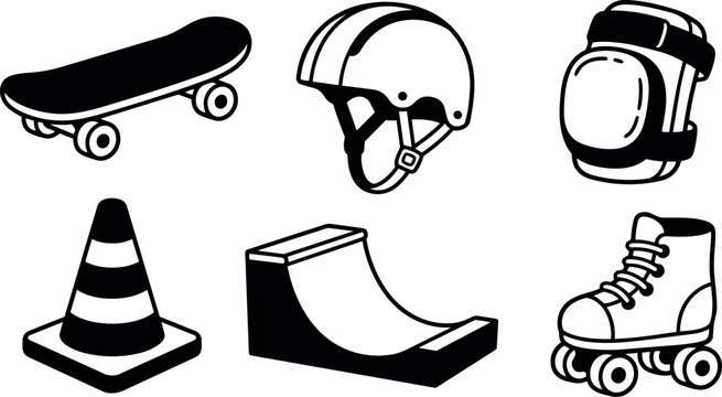 Line art skatepark icon set showing skateboard, helmet, knee pad, traffic cone, mini ramp and roller skate, bold black strokes
