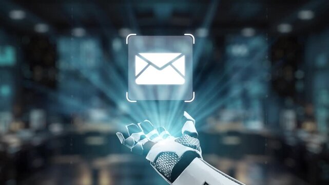 A robotic hand interacts with digital messaging icons in a modern office, illustrating the power of technology and connectivity in today digital landscape. Auvana