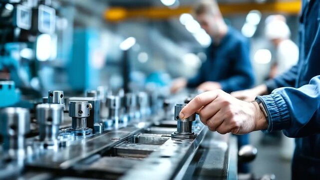 Close-up of faceless worker adjusting levers while colleagues watch material roll through industrial press, machinery details sharp in factory lighting, with copy space