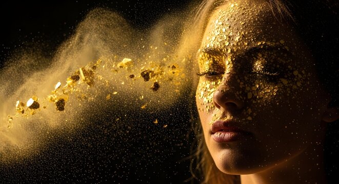A Wave of Golden Dust on Woman Face on Black background 1