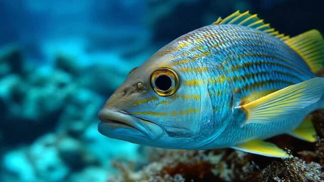 Colorful mangrove snapper fish portrait in blue water, close-up marine life illustration, underwater wildlife, tropical fish photography, with copy space