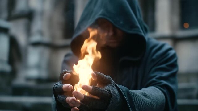 Creative collage faceless medieval wizard using dark magic fire spell, defocused ancient background, flame conjuring, sorcery powers, historical fantasy, supernatural magic, with