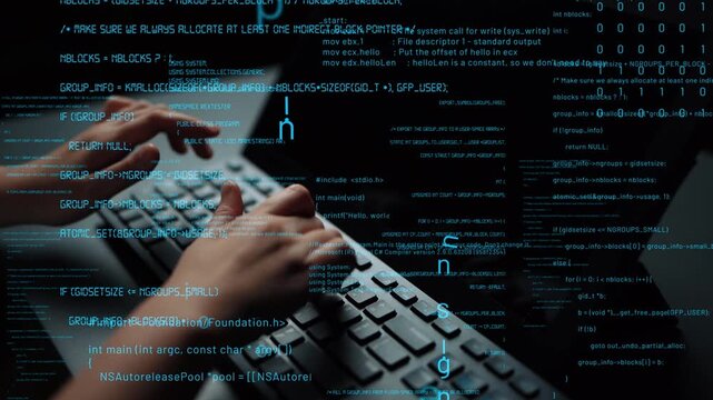 A close-up of hands typing on a keyboard amidst cascading lines of code and digital data, symbolizing programming and technology in a modern workspace setting. Xenic