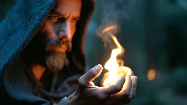 Creative collage faceless powerful sorcerer doing magic spell with burning fire, defocused enchanted background, flame conjuring, mystical powers, fantasy wizard, with copy space