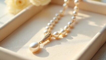 Pearl necklace with gold accent and pendant rests on soft fabric. Classic jewelry with luminous beads radiates elegance. Timeless accessory for refined style and luxury.