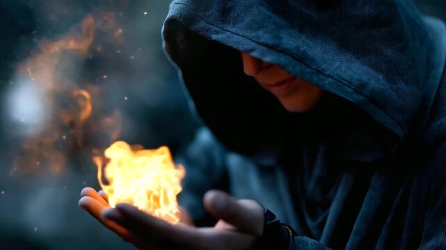Creative collage faceless powerful warlock casting fire fiery spell, defocused magical background, flame sorcery, mystical powers, fantasy character, supernatural casting, with