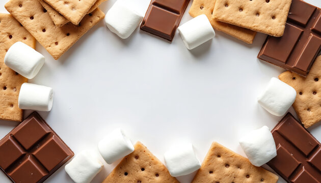Flat lay of smores ingredients. Graham crackers, marshmallows and chocolate bars arranged around white copy space. Perfect for recipes or camping themes.