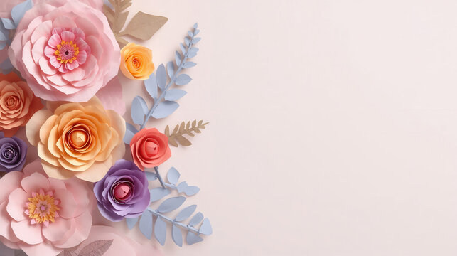Composizione di fiori di carta in colori pastello con foglie azzurre su sfondo chiaro. Generative AI 