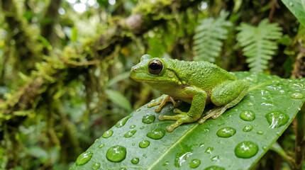 Obraz premium Green tree frog resting on a leaf in tropical rainforest