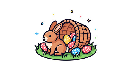 Fototapeta premium A cute rabbit beside a basket filled with colorful Easter eggs, illustrated in a playful, cartoon style