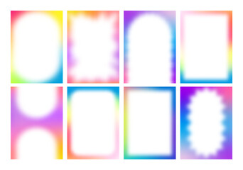 Fototapeta premium Color Gradient Frames Set. Cute Kid Fun Background. Vector Aura Glow Frames for Y2K Posters, Kid Parties and Holi Festival. Decorative Blur Transparent Borders with Rainbow Color Gradation.
