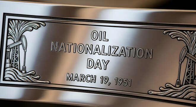 Close-up of a metal plaque commemorating Oil Nationalization Day on March 19, 1951, with engraved palm trees and a shiny surface