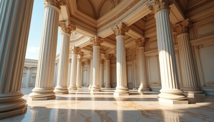Obraz premium Grand interior features rows of classic columns with ornate capitals. Sunlight streams in creating dramatic shadows on marble floor. White walls show gold trim.