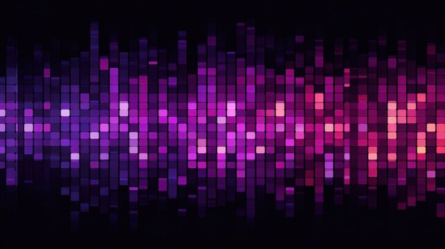 Vibrant photo of Abstract digital sound wave equalizer with purple and pink glowing square particles