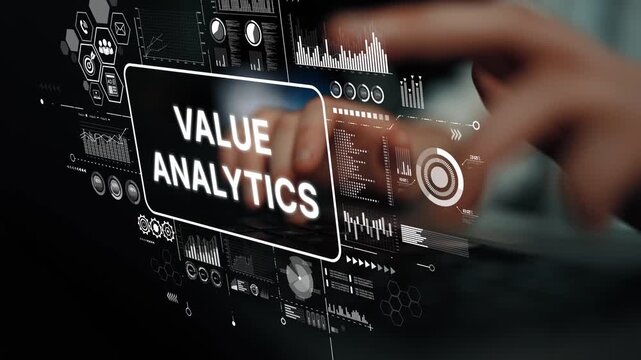 Data-Driven Value Analytics Concept with Hands on Keyboard Surrounded by Futuristic Graphs and Charts. Asymptotic smart data analytic.