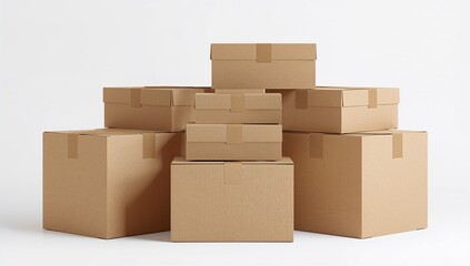 Stacked Cardboard Shipping Boxes Isolated on White Background Hyperrealistic Packaging Concept
