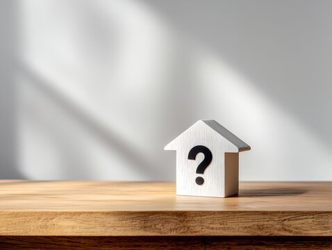 明るい日差しが差し込む部屋の木のテーブルに置かれた疑問符が描かれた白い家の模型