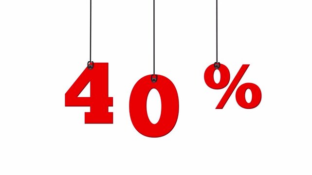 Vibrant red forty percent discount sign characters gently swinging on strings as an animated video clip.