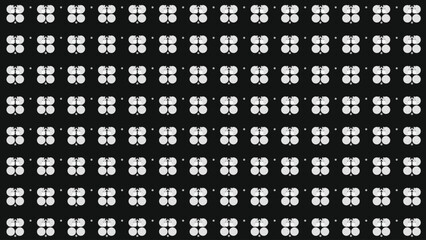 Seamless black and white vector pattern of abstract square shapes with four circular elements, ideal for modern digital backgrounds, web design, and graphic projects